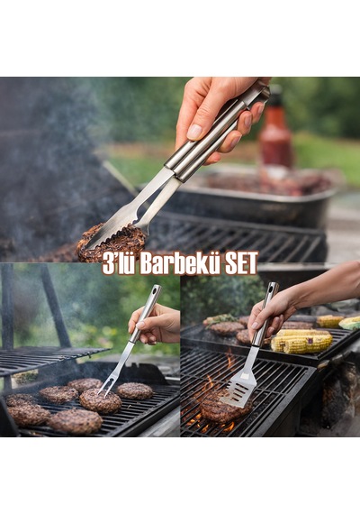 Porsima Kj-1007 3 Parça Paslanmaz Çelik Maşa-spatula-çatal Barbekü Seti