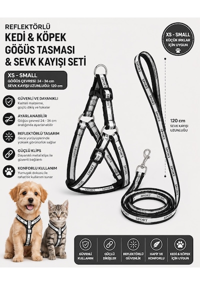 Reflektörlü Kedi Ve Köpek Göğüs Tasması Sevk Kayışı Seti Xs-s 24-36 Cm 120 Cm Kayış - Siyah Çok Renkli