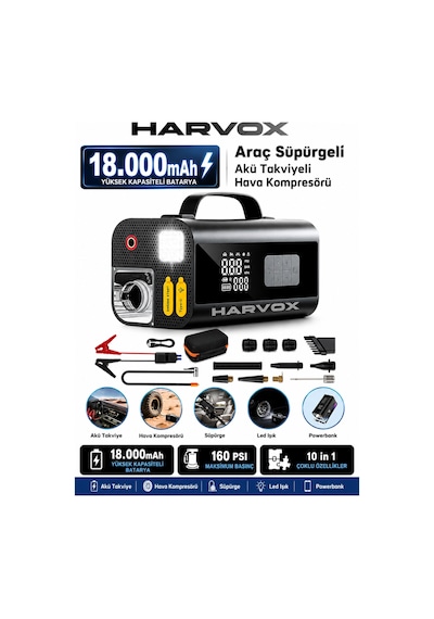 Harvox Süpürgeli Jump Starter Akü Takviye Cihazı 18.000mah 10 İn 1 Powerbank, Hava Kompresörü, Lcd Ekran,