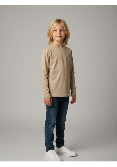 Zekids Erkek Çocuk Pamuklu Uzun Kol Basic T-shirt-16713 Bej