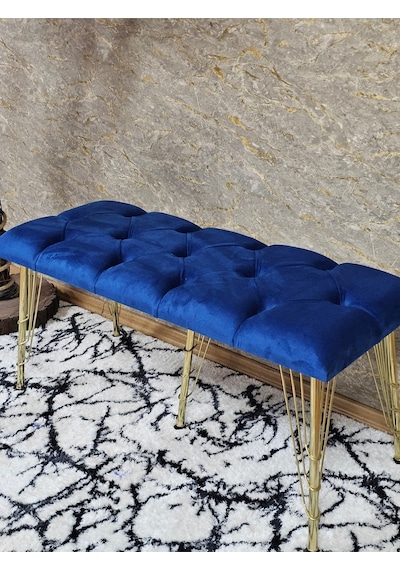 Zafir Metal Gold Tel Ayaklı 100 Cm Puf Bench - Puf - Bench - Oturak - Mutfak Oturağı - Antre Oturağı Mavi