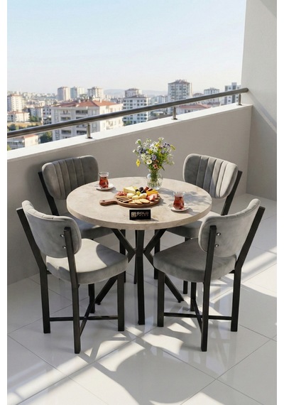 Mutfak Masası 90 Çap 4 Sandalyeli Traverten Görünümlü Balkon Bahçe Cafe Masa Seti Elma Gri Mutfak Masası 90 Çap 4 Sandalyeli Traverten Görünümlü Balkon Bahçe Cafe Masa Seti Elma Gri