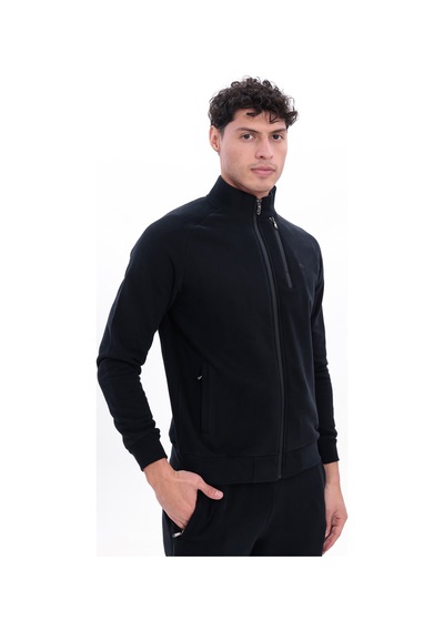 Rowinger 3 İplik Kalın Dokulu Pilot Yaka Velör Şeritli Tam Fermuarlı Erkek Sweatshirt Black