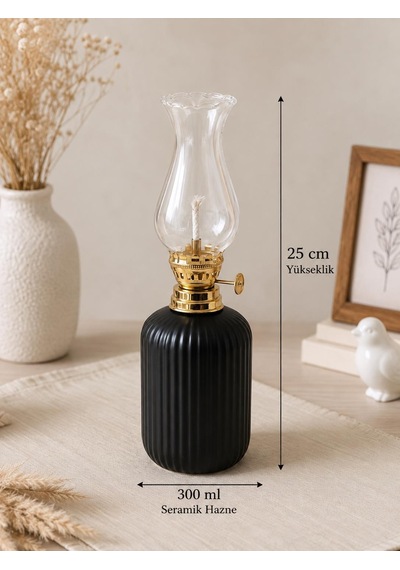 Dekoratif Gaz Lambası Kandil 300 Ml Seramik Hazneli 25cm Vintage Tasarım Siyah