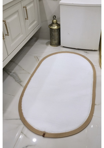 Kaymaz Taban Puffy Peluş Ultra Yumuşak 50x70 Cm Bordürlü Şık Tasarım, Suya Dayanıklı Banyo Paspası Beyaz-bej