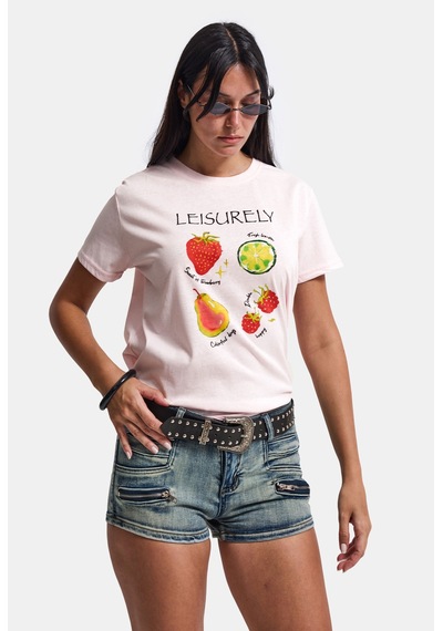 Kadın Pembe Meyve Baskılı Bol Kesim Tasarım T-shirt