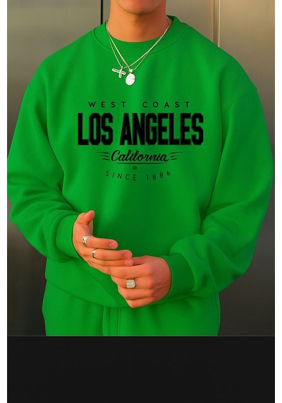 Benroma 3 İplik Penye Los Angeles Baskılı Unisex Sweatshırt Yeşil