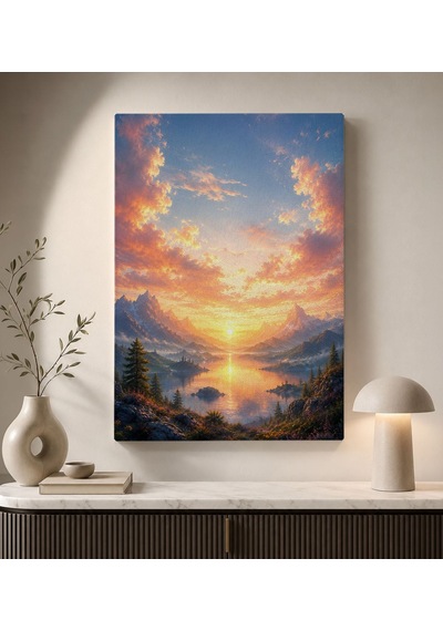 Bk Gift Gün Batımında Dağ Ve Göl Manzarası Turuncu Gökyüzü Doğa Temalı Kanvas Duvar Tablosu 50x70 Cm