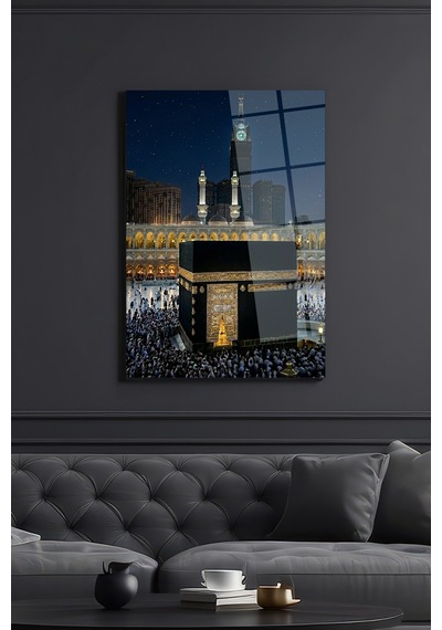 Kabe Cam Tablo 4 Mm Temperli Cam Mekke Gece Manzarası Dekoratif Duvar Tablosu