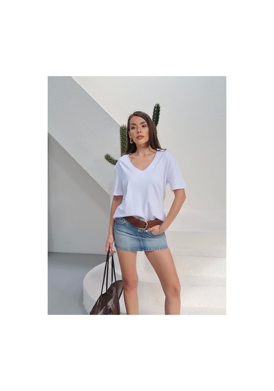 Paw Garage Kadın Massi İnterlok Kumaş V Yaka Oversize T-shirt Beyaz