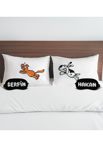Bk Gift Kişiye Özel Eğlenceli Kedi Tasarımlı Pamuklu Yastık Kılıfı Ve Göz Bandı Çift Uyku Seti-3, Tasarım Ev Tekstili, Uyku Bandı, Ev Hediyesi