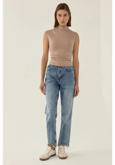 Hiccup Büzgü Detaylı Yarım Turtleneck Crop Top Kestane Kahvesi