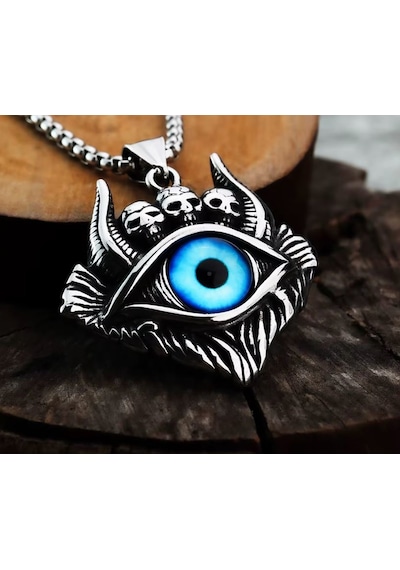 Paslanmaz Çelik Kurukafa Detaylı Evil Eye Mavi Göz Kolye