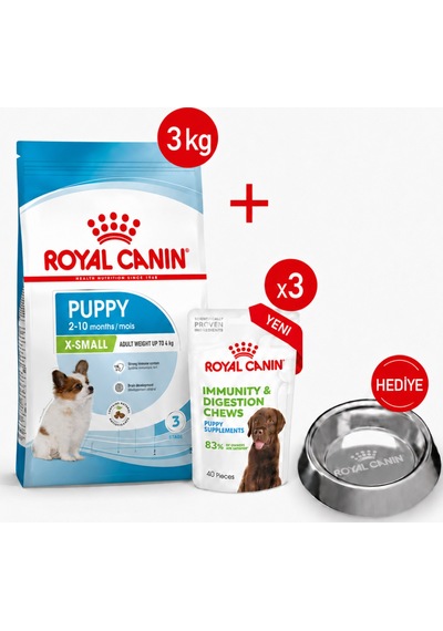 Xsmall Puppy- Yavru Kuru Köpek Maması 3kg + Yavru Ödül Maması 3x + Çelik Mama Kabı