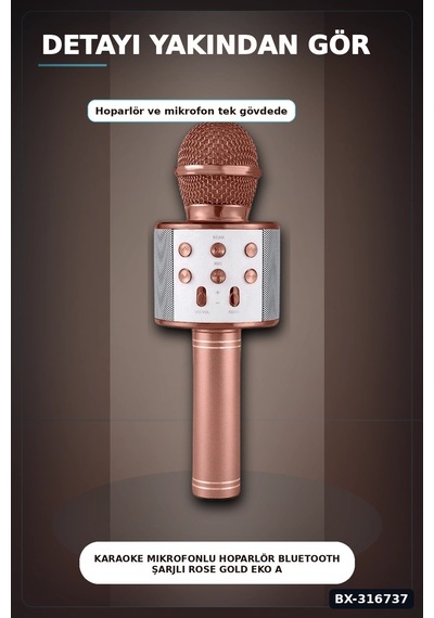Karaoke Mikrofonlu Hoparlör Bluetooth Şarjlı Rose Gold Eko Ayarlı Usb Sd Bx-316737
