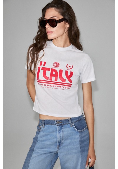 ETHIQUET Ethıquet Algher Kadın Baskı Desenli Kısa Kollu Organik Pamuklu Bisiklet Yaka Crop Beyaz T-shirt
