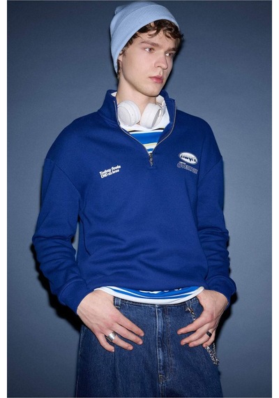 Defacto Boxy Fit Dik Yaka Baskılı Sweatshirt F9709ax26spbe753 Mavi-be753