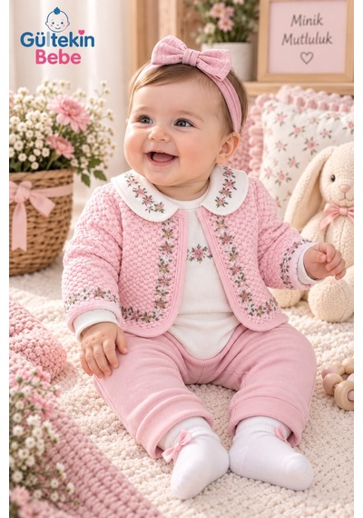 Mini Pakel Çiçek Nakışlı Kız Üçlü Takım 3-12 Aylık -dü1498340 - Pembe