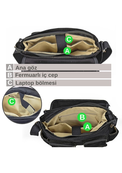 Cappadocia Vintage 4017 Siyah 14" Laptop Pamuk Gabardin Postacı Okul Çantası Unisex Kilitli Çok Cepli Omuz Askılı Siyah