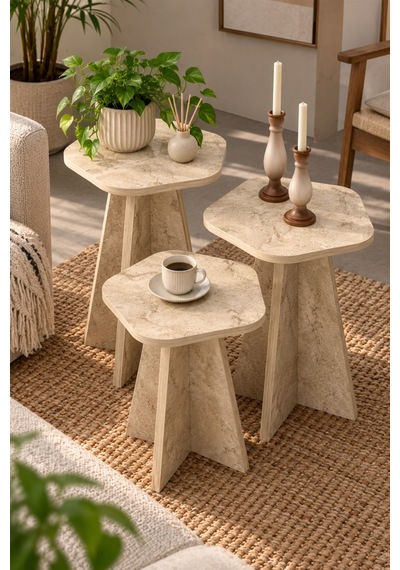 Sulorahome Çiçek Formlu Traverten Desenli 3'lü Zigon Sehpa Seti Bej Beyaz - Wenge