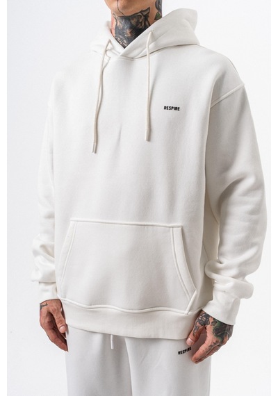 Erkek Respire Yazı Detaylı Kapüşonlu Basic Oversize Hoodie Ekru