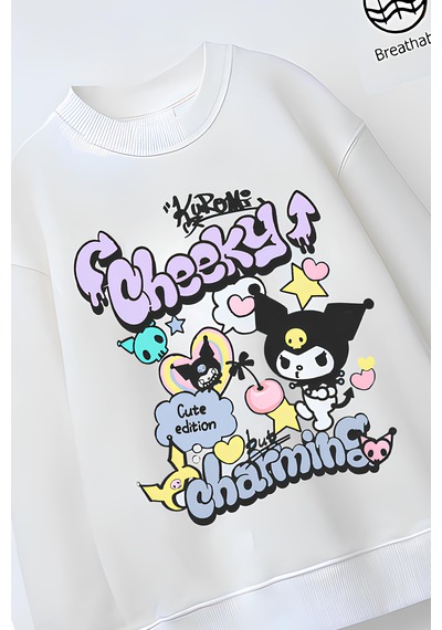 Tam Kalıp Oversize Kız Çocuk Pamuğa Pamuk 3 İplik Kumaş Karakter Tasarım Sweatshirt Beyaz
