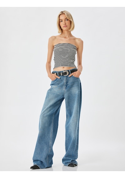 Koton Straplez Crop Üst Ribanalı Slim Fit Siyah Çizgili 4sak10968ek