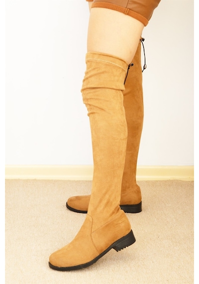 Shoetek Izabella Kadın Çizme Fermuarlı Streçli Taba Süet TABA SÜET