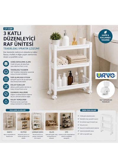 Lunaev Rafty 3 Katlı Tekerlekli Sepet Organizer Düzenleyici Raf Ünitesi 465x145x480 Mm 100