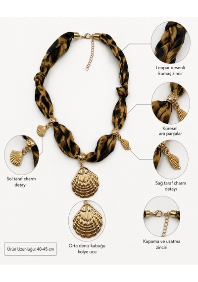 Leopar Desenli Fular Kolye Gold Deniz Kabuğu Ve Charm Detaylı 40-45 Cm Renkli