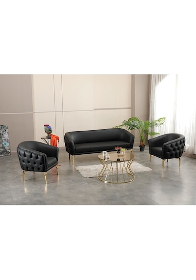 Garden House Asel Siyah Deri Gold Ayaklı 5 Kişilik Ofis Koltuk Takımı