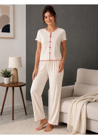 Kadın Kurdele Detaylı Desenli Kısa Kollu Pijama Takım Beyaz
