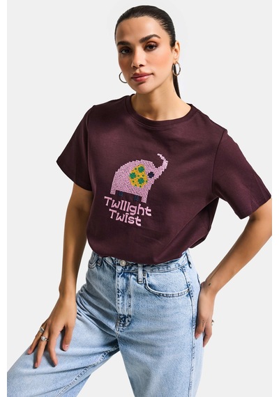 it's basic Kadın Kahve Bordo Renk W5 Nakış Detaylı Oversize Tasarım T-shirt