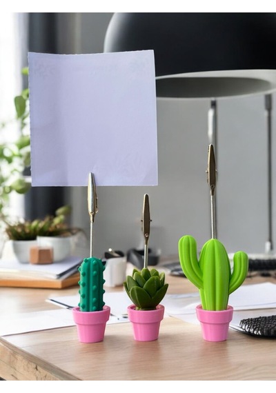 3 Model Pembe Saksılı Kaktüs Fotoğraf Not Tutacak Seti Ofis Masası Hediyelik Tutucu Pembe Yeşil