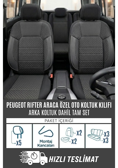 Peugeot Rifter Uyumlu Pamuklu Kumaş Araca Özel Oto Koltuk Kılıfı Tam Set Siyah