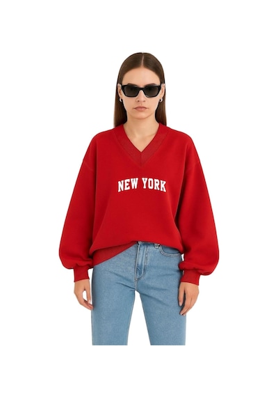 Benroma New York Baskılı Ünisex V Yaka Sweatshirt Kırmızı