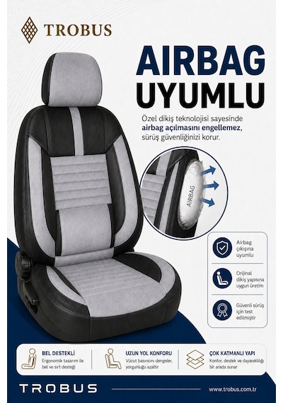 Apex Serisi Tay Tüyü Bel Destekli Gri Siyah Üniversal Koltuk Kılıfı Tam Set