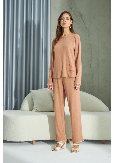 Sevim Kadın Uzun Kol Ribana Taba Pijama Takımı C1t5n2o69 001