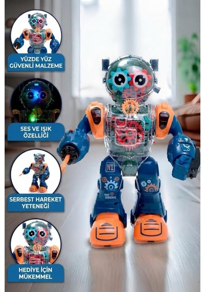 Şeffaf Dişli Mekanizmalı, Işıklı, Sesli, Hareketli Ve Ok Atan Eğitici Robot Oyuncak - 24.5 Cm