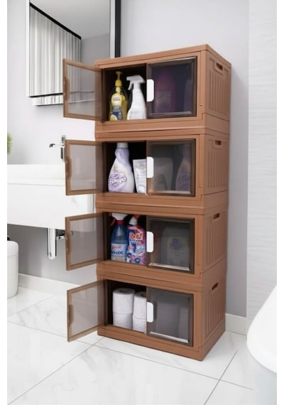 Piev Özgen İstiflenebilir Çok Amaçlı Tekerlekli Kapaklı 4 Lü Mutfak Banyo Ev Düzenleyici Cappuccino Kahverengi
