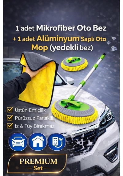 2 Li Premium Set & Mikrofiber Oto Bezi & Paslanmaz Alüminyum Saplı Çok Oto Mop Art Yedeği