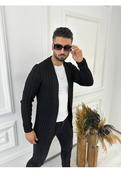 Elku Moda Hırka Örgülü Triko Desenli Şal Yaka Fit Örgü Hırka Siyah
