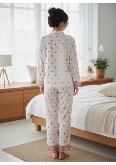 Kalp Desenli Saten Uzun Pijama Takımı Düğmeli Üst, Rahat Kesim Beyaz