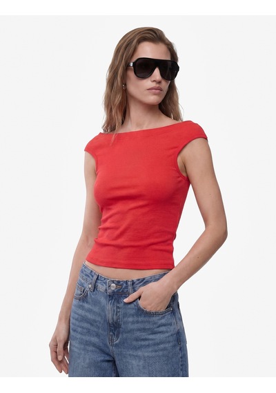Koton Pamuklu Ribanalı Slim Fit Omzu Açık Madonna Yaka Tişört Kırmızı 6sak50503ek