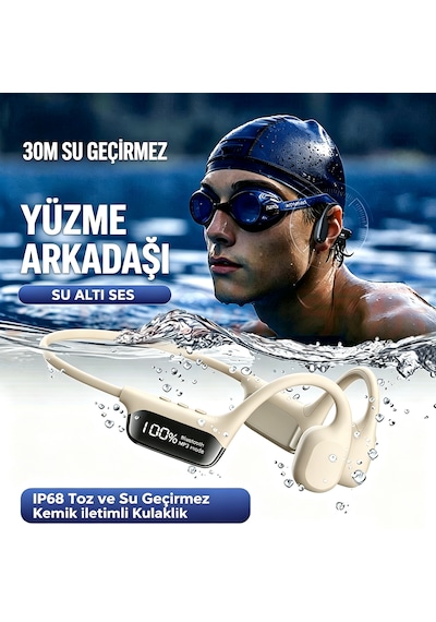 Kemik İletimli Yüzme Kulaklığı, 32gb Dahili Depolama, Ip68 30m Derin Su Geçirmez Beyaz