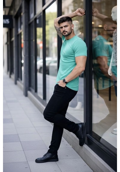 Erkek Body Tişört Bisiklet Yaka Slim Fit Likralı T-shirt - Turkuvaz Turkuaz
