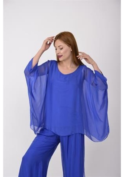 Bohem Stil İtalyan Yarasa Kol İpek Bluz-8869 Saks Mavi