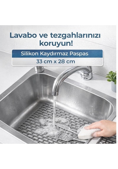 Lexroo Silikon Kaydırmaz Lavabo Paspası, Gri, 33x28 Cm, Delikli Tasarım