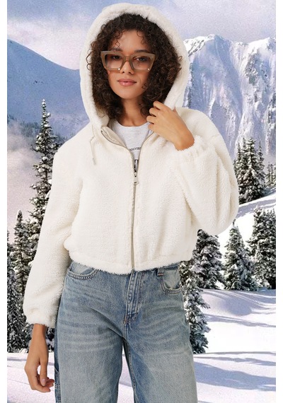 Bigdart 5193 Kapüşonlu Peluş Crop Ceket - Ekru