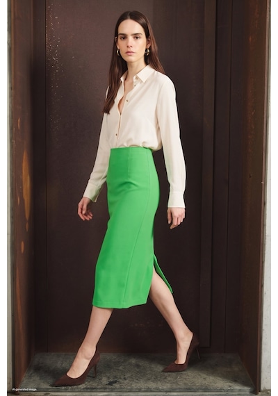 Sateen Düz Kalem Etek - Açık Yeşil-137808